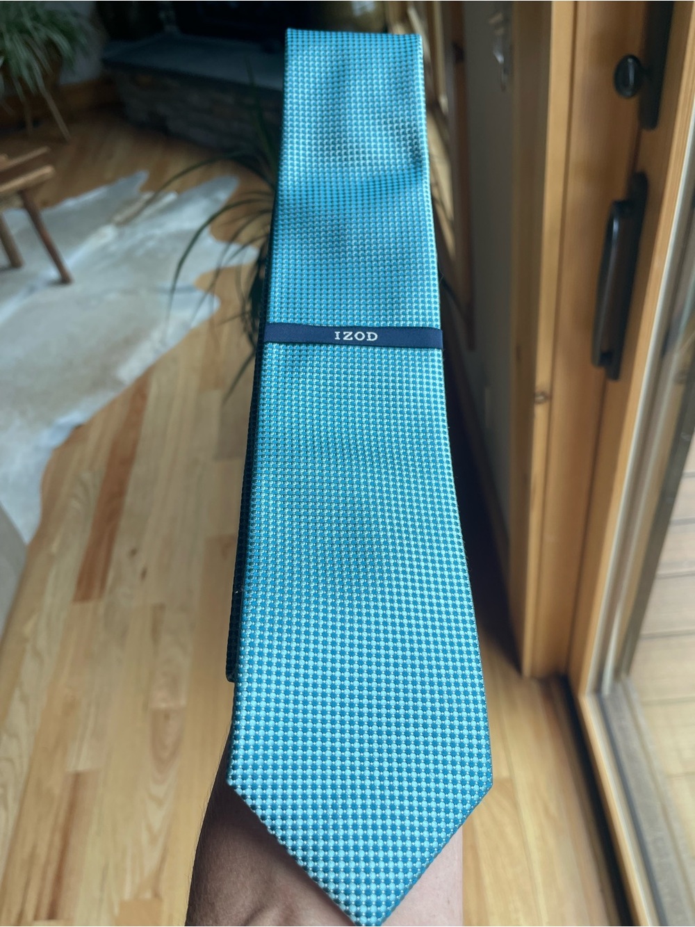 Izod Teal and White Micro-Check Silk Necktie